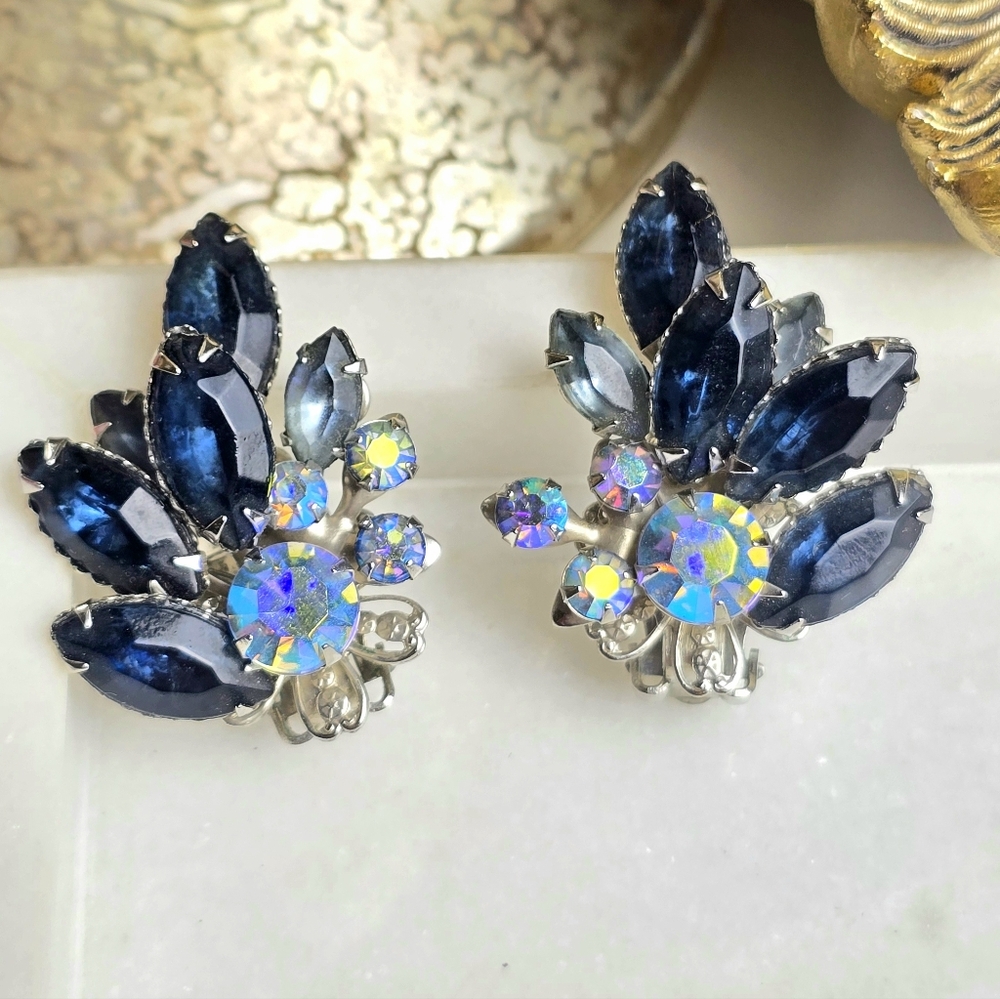 JUDY LEE Unsigned Blue And AB Rhinestones Silver Clip On Earrings.